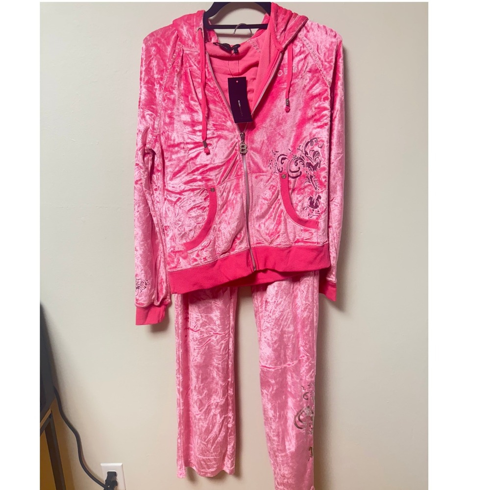 BCBGMAXAZRIA Pink Velour Tracksuit Set Hoodie Pants Size L NWT